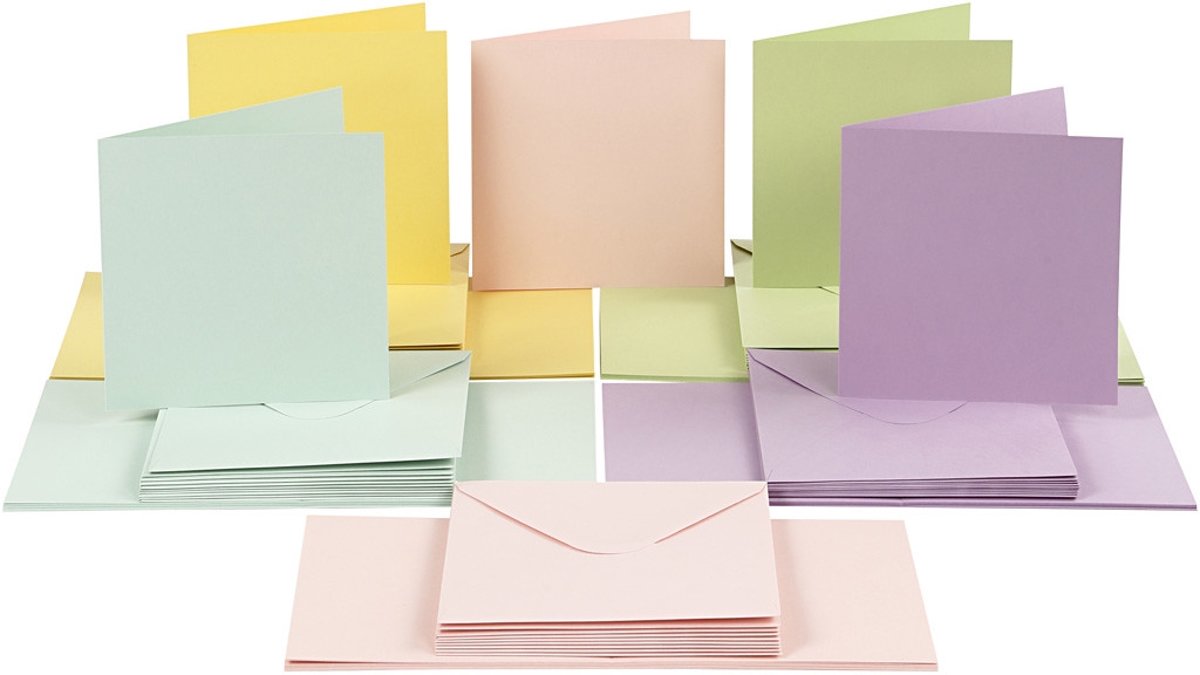 Kaarten en enveloppen, afmeting kaart 15x15 cm, afmeting envelop 16x16 cm, pastelkleuren, 50sets [HOB-23118]